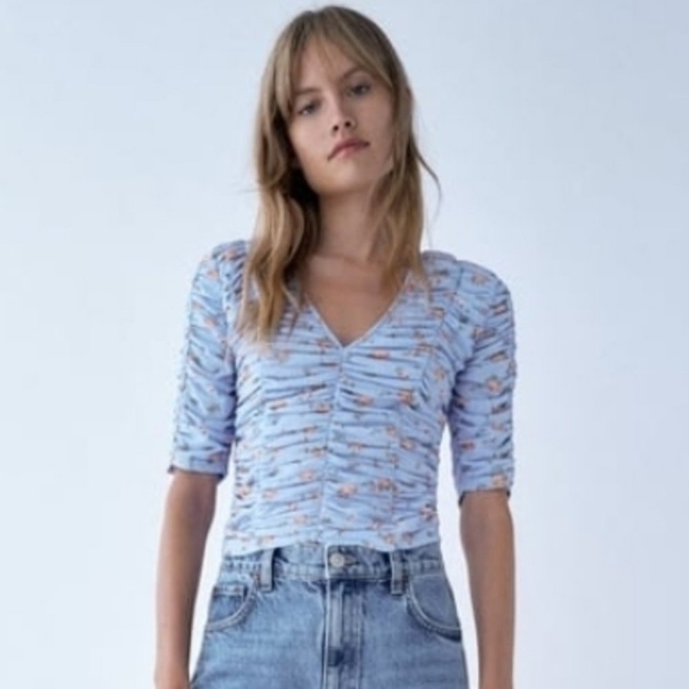 NWT Zara Blue Floral‎ Ruched V Neck Tulle Crop Top